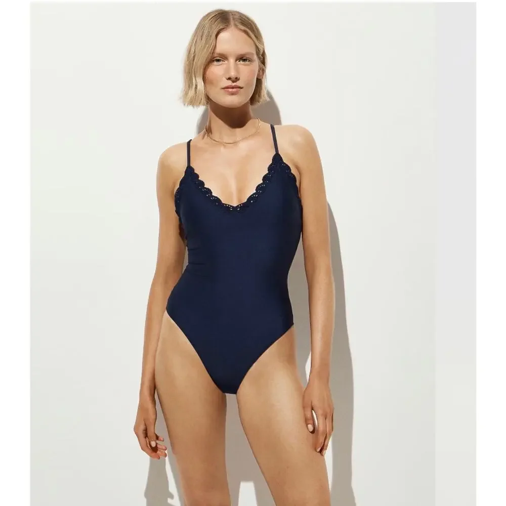 J. Crew Lana Eyelet Long Torso  One-Piece In Classic Sculpt Dark Ink Size 8 NWT